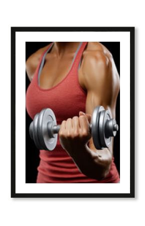 Female caucasian adult lifting dumbbell in gym for strength training fitness