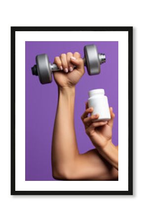 Female hand lifting dumbbell and holding vitamin bottle on purple background