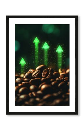 Coffee beans with green digital arrows symbolizing growth and success.