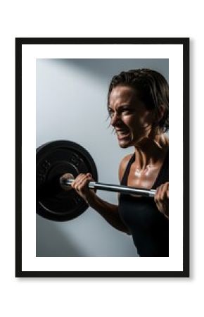 Intense Weightlifting: Sweaty Woman's Determined Grit During Barbell Workout