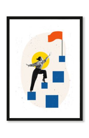 Collage of woman climbing symbolic blocks reaching for red flag. Concept of career achievement, corporate ambition, leadership success, and goal progression.
