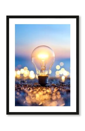 Glowing lightbulb on a beach at sunset