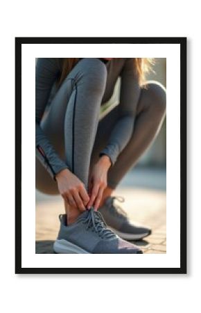 Woman tying her athletic shoes in stylish activewear