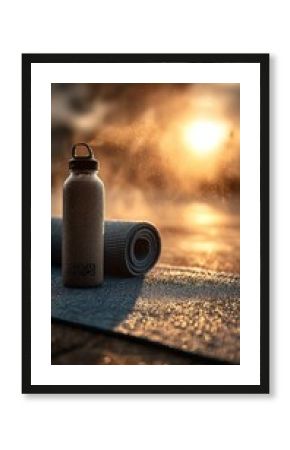 Fitness Water Bottle in Morning Sunlight on Gym Mat