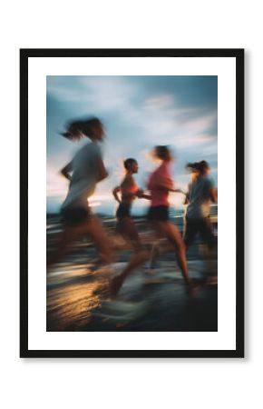 Dynamic Group of Runners in Motion during Sunset Exercise Session