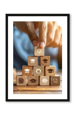 Wooden blocks, education icons, stacking
