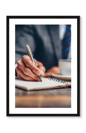 Close-up of businessman writing in a notebook, symbolizing focus, planning, and productivity.