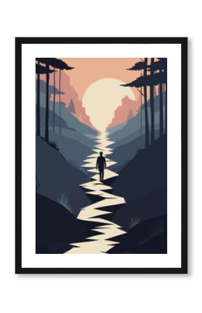 Silhouette of a person walking along a winding path through a valley toward the sunset, symbolizing life’s journey, hope, and self-discovery in minimalist vector art.