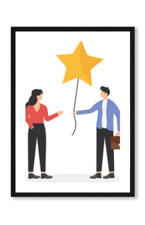 Businessman giving a star balloon to a coworker. 