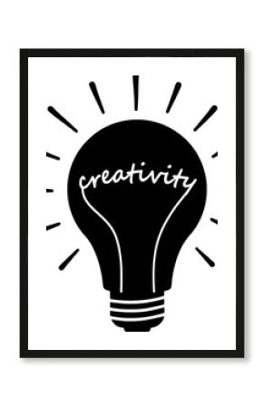 Hand-drawn lightbulb with “creativity” text inside. Symbol of inspiration, ideas, and innovation for design and motivation themes.