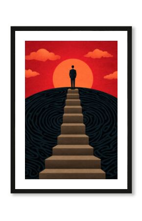 Staircase leadership above fear maze sunset silhouette success challenge determination motivation achievement journey ambition goal business inspiration courage decision opportunity