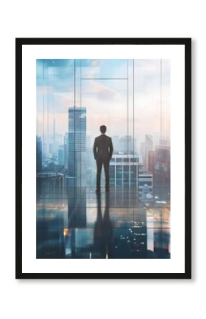 Authoritative Business Leader Overlooking Vibrant Urban Skyline from Sleek Office