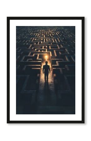 Businessman navigating a maze with a clear path leading to a shining goal