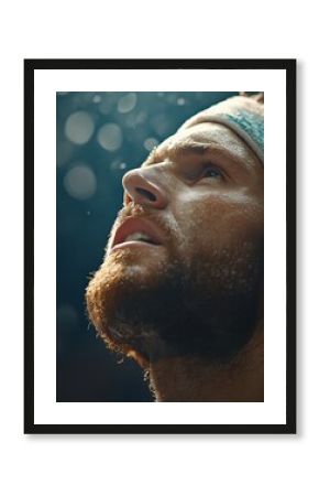 Close up of a male athlete with sweat dripping from his face, taking a break and catching his breath after an intense workout session  exhausted after training  sport concept