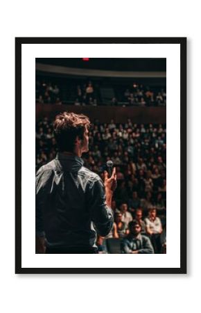 A captivating speaker captivates an eager audience with their eloquence and expertise on stage.