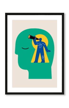 Man using telescope to look into the distance Self-discovery. Colorful vector illustration