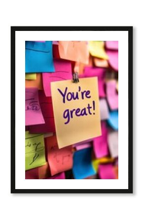 A colorful array of sticky notes with a prominent yellow note at the center displaying the positive message 'You're great!' amidst vibrant colors for inspiration.