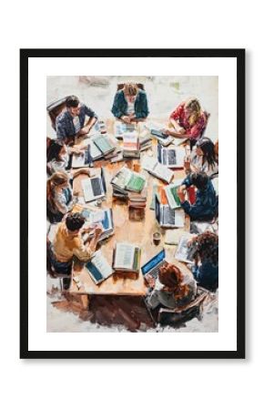A vibrant gathering of students animatedly exchanging ideas around a central table brimming with literature and technology.