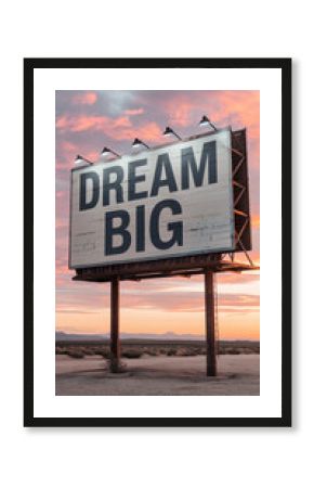 "Dream Big" in large bold letters on a rustic billboard against a dramatic sunset sky in a desert landscape, evoking ambition and limitless possibilities.  