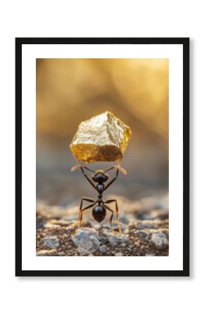 Macro shot of a black ant carrying a gold nugget on rocky terrain, symbolizing strength, determination, and achievement against the odds