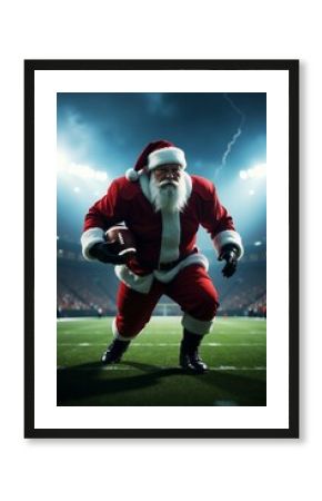 Santa claus playing american football, with an epic stadium background
