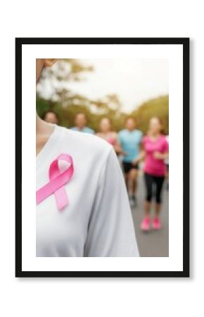 Participant wearing pink ribbon during charity run for breast cancer awareness
