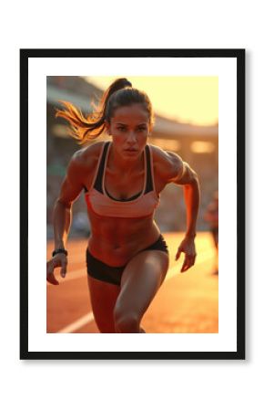 Determined female athlete sprinting on track at sunset for sports motivation and fitness inspiration