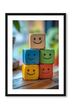 Wooden cubes in bright colors with smiley faces, symbolizing emotions, happiness, positivity, and the joy of education and learning