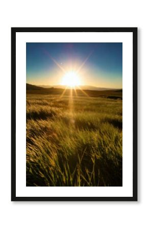 Beautiful sunrise in the mountain..Meadow landscape refreshment with sunray and golden bokeh. 