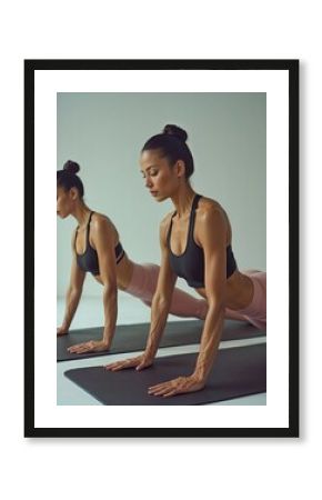 Synchronized Strength: Two women in black sports bras and pink leggings perform a synchronized yoga pose on black mats, showcasing grace, focus, and the power of shared practice.  