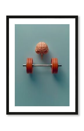Contemporary collage of a brain lifting weights surrounded by books against a blue backdrop