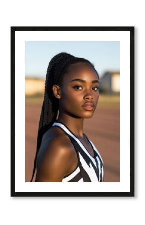 Striking portrait of a young female athlete in a black and white sports outfit, standing on a running track with an intense and focused gaze.