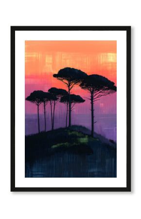 Sunset over hilltop pines, hazy landscape, peaceful evening scene, nature art
