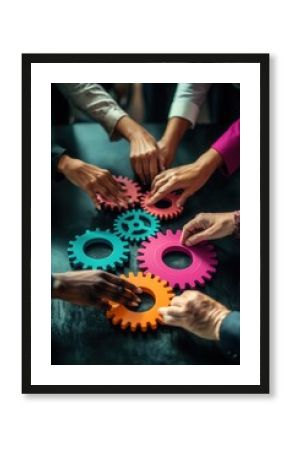 Collaboration and teamwork with colorful gears on a table, diverse hands working together for business innovation and problem-solving in the workplace.