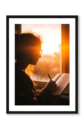 Woman writing goals journal window sunlight glow
