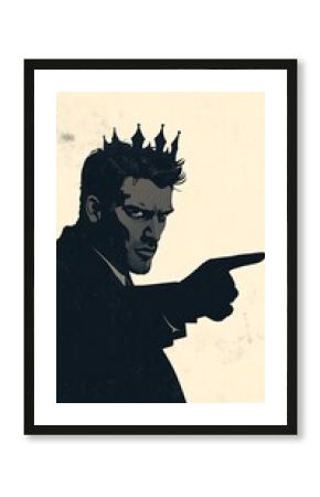 Crowned man pointing, intense stare, neutral background