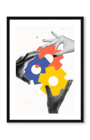 Hands assembling interconnected gears, symbolizing teamwork, cooperation, and problem-solving. Synergy of skills and expertise. Concept of business, leadership, and strategic thinking.