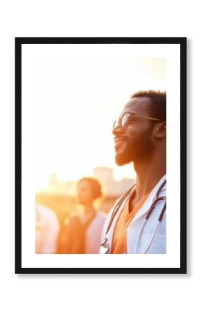 Empowered Healthcare Hero Inclusive Medical Professional Radiating Hope and Innovation in Golden Urban Sunset - Wellness Leadership and Community Impact Vision