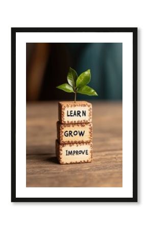 Concept of Personal Development with Wooden Blocks and Growing Plant
