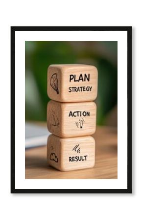 Strategic Planning and Action Concept: Achieving Results with Wooden Dice Blocks