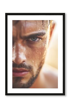 Determined male athlete with sweaty face after intense workout, close-up fitness motivation portrait