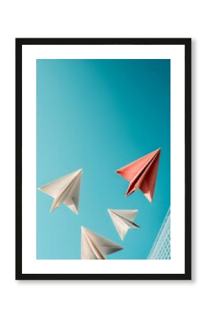 Red And White Paper Airplanes Flying In A Blue Sky