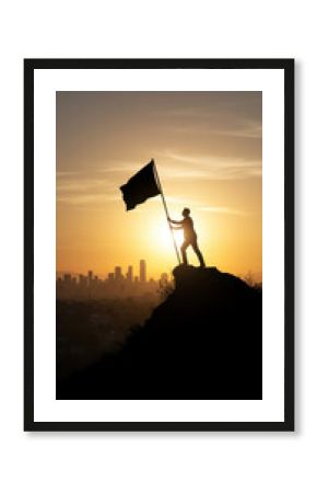 Success Silhouette: Man Planting Flag at Sunset Over City, Achievement, Leadership, Victory, Business Goals, and Determination