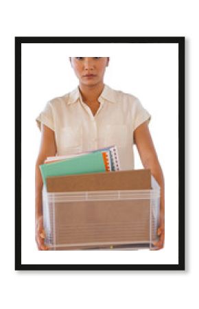 Fired businesswoman holding box of her things