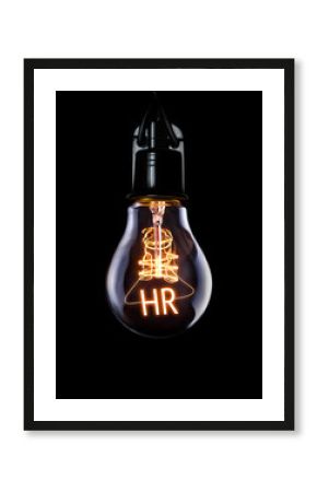 Hanging lightbulb with glowing HR concept.