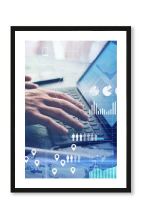 Concept of virtual diagram,graph interfaces,digital display,connections,statistics icons.Man using contemporary electronic tablet with dock keyboard.Blurred background. Vertical.