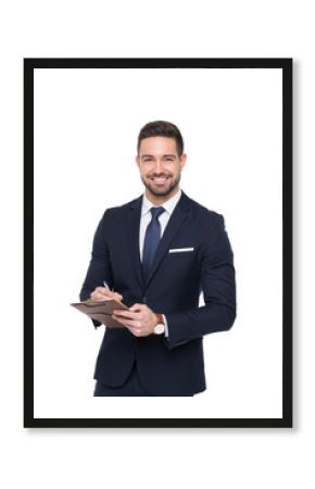 Young caucasian confident businessman writing on clipboard toothy smile isolated
