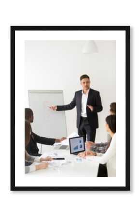 Confident Caucasian worker talking to business colleagues during board meeting, making presentation on flipchart, visualizing marketing plans, coach mentoring company professionals during study course