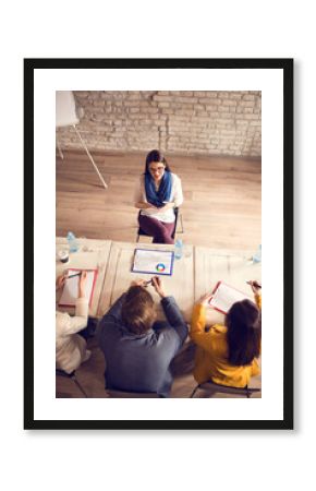 Girl having interview for job in company, top view