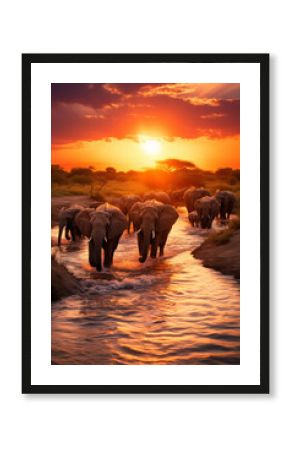 Elephant herd crossing river at sunset